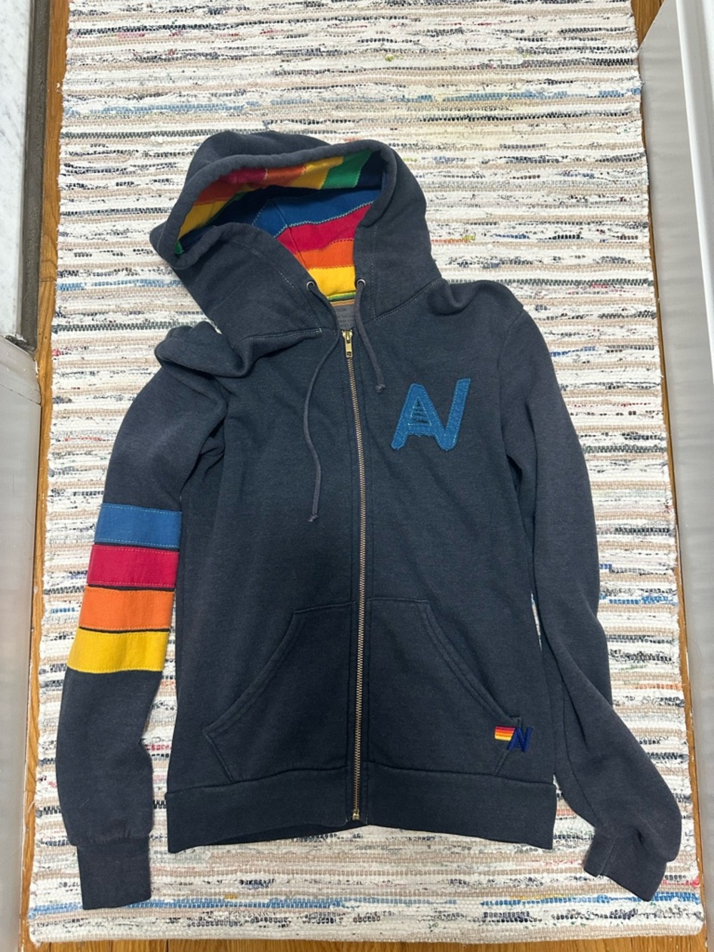 Aviator Nation Navy Zip-Up Hoodie with Rainbow Stripe Sleeve